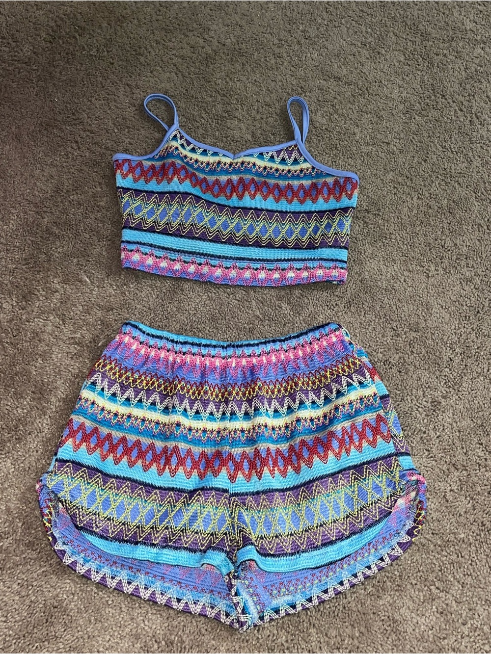 SHEIN Blue Multicolor Zigzag Knit Kids Matching Shorts Set